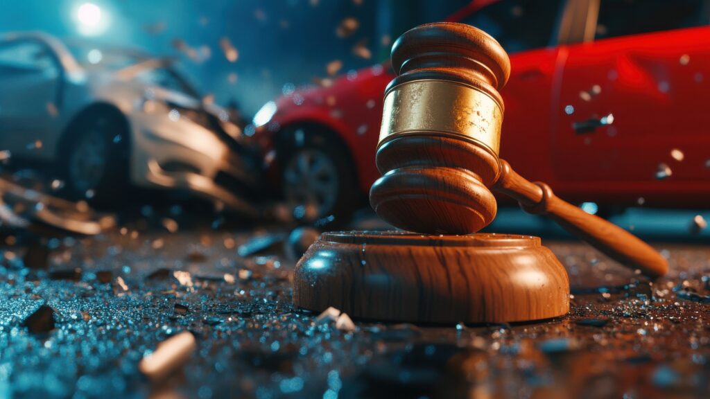 A gavel rests on the ground near a car crash scene, symbolizing legal proceedings related to accidents.